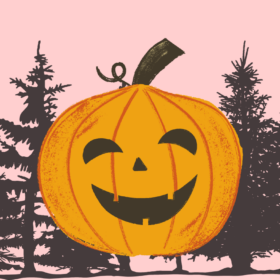 An orange illustration of a pumpkin with a smiley face. There are black silhouettes of trees behind and a pink sky.