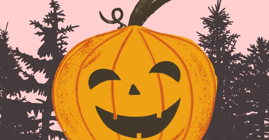 An orange illustration of a pumpkin with a smiley face. There are black silhouettes of trees behind and a pink sky.