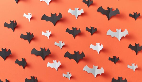 Black and white paper bats on an orange background.