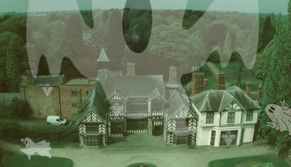 Wythenshawe Hall with an illustration of a ghost in the sky over it.