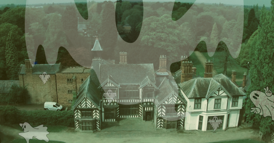 Wythenshawe Hall with an illustration of a ghost in the sky over it.