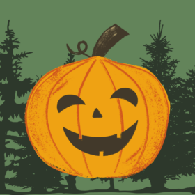 An illustration of an orange pumpkin with a smiley face. There are silouettes of trees in the background.