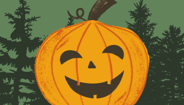 An illustration of an orange pumpkin with a smiley face. There are silouettes of trees in the background.