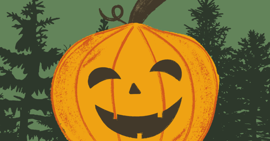 An illustration of an orange pumpkin with a smiley face. There are silouettes of trees in the background.