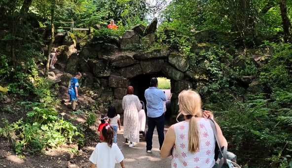 A group of people walk on a pathway in a park.