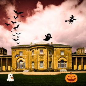 The front of Heaton Hall with a spooky sky above, full of bats, a ghost and a witch on a broomstick.