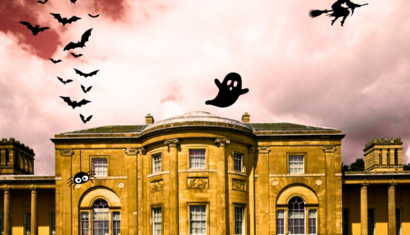 The front of Heaton Hall with a spooky sky above, full of bats, a ghost and a witch on a broomstick.