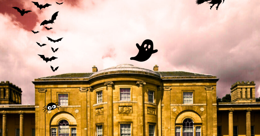 The front of Heaton Hall with a spooky sky above, full of bats, a ghost and a witch on a broomstick.