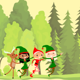 An illustration of three elves and a reindeer walking on grass with a row of trees behind them.