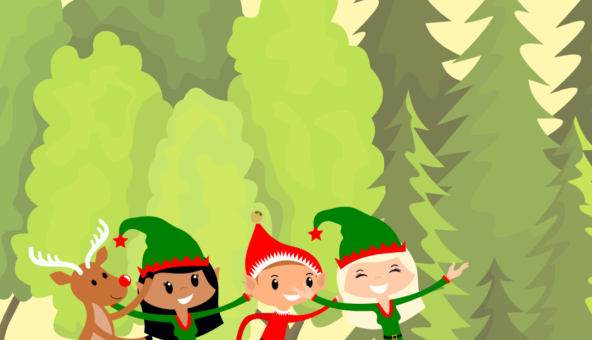 An illustration of three elves and a reindeer walking on grass with a row of trees behind them.