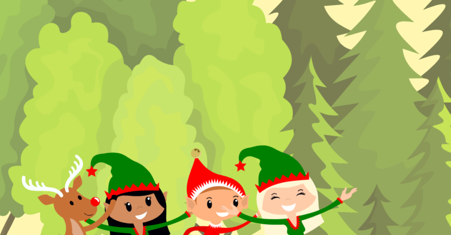 An illustration of three elves and a reindeer walking on grass with a row of trees behind them.