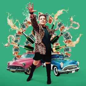 A woman stands, wearing a leopard print coat, a black dress and knee length black boots, raising her hand up to the sky. Floating in the background is a pink car, a blue car, money and bottles of champagne.