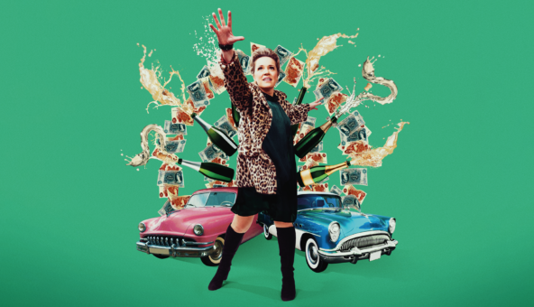 A woman stands, wearing a leopard print coat, a black dress and knee length black boots, raising her hand up to the sky. Floating in the background is a pink car, a blue car, money and bottles of champagne.