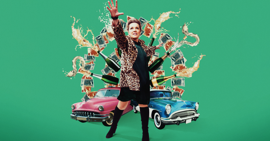 A woman stands, wearing a leopard print coat, a black dress and knee length black boots, raising her hand up to the sky. Floating in the background is a pink car, a blue car, money and bottles of champagne.