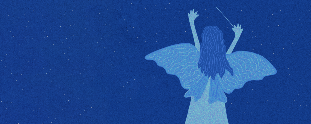 An illustration of a fairy with blue wings and a wand, on a blue background.