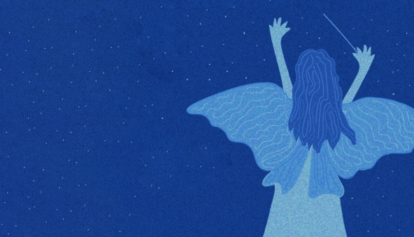 An illustration of a fairy with blue wings and a wand, on a blue background.