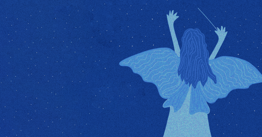 An illustration of a fairy with blue wings and a wand, on a blue background.