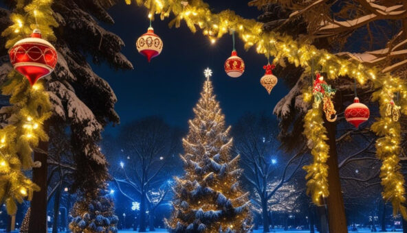 A Christmas nighttime scene with snow, decorated fir trees and a Christmas garland decorated with lights and red and white baubles.