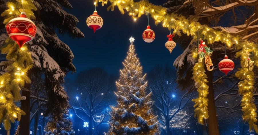 A snowy night-time scene of a Christmas fir tree and a garland with lights on it and baubles hanging from it.