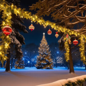A snowy night-time scene of a Christmas fir tree and a garland with lights on it and baubles hanging from it.