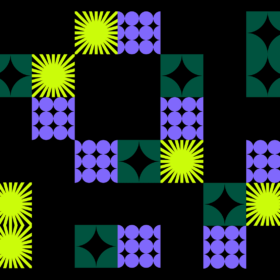 An abstract digital image of purple and yellow squares on a black background.