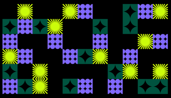 An abstract digital image of purple and yellow squares on a black background.