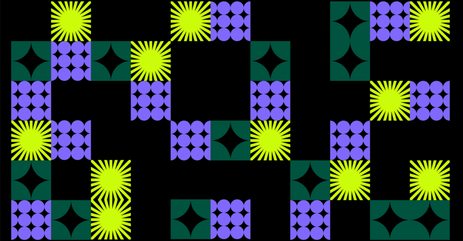 An abstract digital image of purple and yellow squares on a black background.