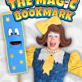 A cartoonish looking feamle character wearing blue and yellow clothes holding a large blue bookmark with a smiley face.