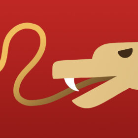 A stylized illustration of a snake on a red background. The snake is tan-colored with dark triangular patterns on its body and is depicted with an open mouth, showing a fang and its forked tongue. White cloud shapes are visible in the background, adding a minimalist touch to the design.