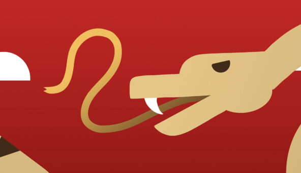 A stylized illustration of a snake on a red background. The snake is tan-colored with dark triangular patterns on its body and is depicted with an open mouth, showing a fang and its forked tongue. White cloud shapes are visible in the background, adding a minimalist touch to the design.