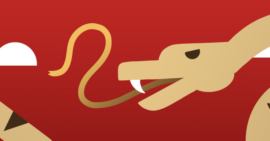 A stylized illustration of a snake on a red background. The snake is tan-colored with dark triangular patterns on its body and is depicted with an open mouth, showing a fang and its forked tongue. White cloud shapes are visible in the background, adding a minimalist touch to the design.