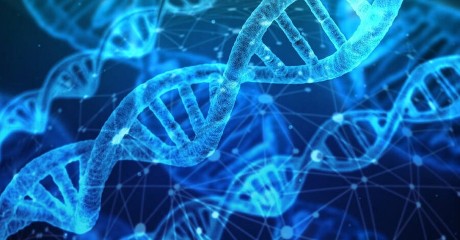 Translucent strands of DNA on a blue background