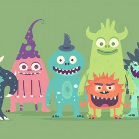 On a green background a groups pf colourful friendly cartoon monsters