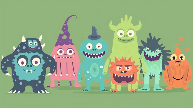 On a green background a groups pf colourful friendly cartoon monsters