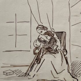 A sketch of a woman helping a child on her knee to read