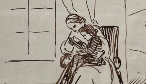 A sketch of a woman helping a child on her knee to read