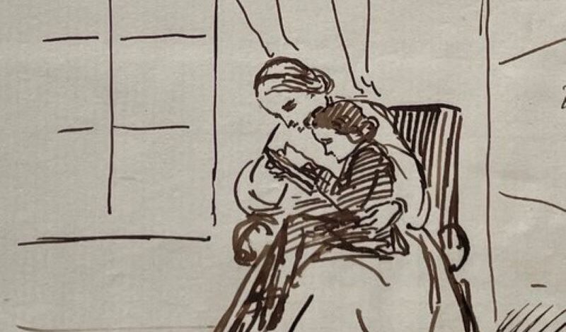 A sketch of a woman helping a child on her knee to read