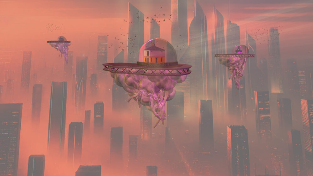 A futuristic looking image of a rock floating infront of a row of skyscrapers. The rock has a building on top of it.