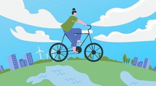 Drawing of a woman wearing a green top and blue trousers cycling on a green surface with a bright blue sky behind