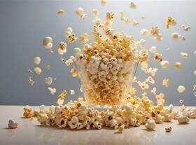 A container with yellow popcorn jumping out and covering the table