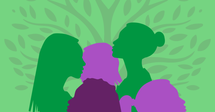 A set of green and purple silhouettes of women in front of a tree.