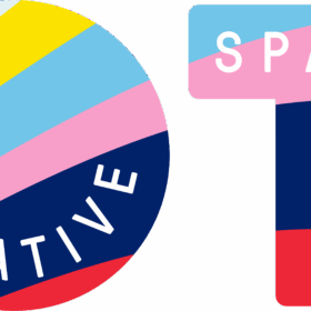 Two shapes, filled with colourful stripes. One shape is a circle and the other is a capital 'T'. The circle has the words 'Creative' inside it and the 'T' has the words 'Space' inside it.