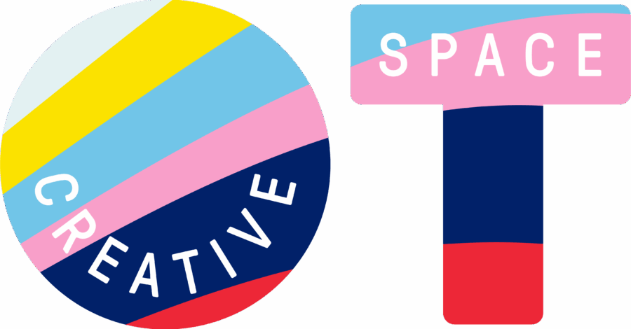 Two shapes, filled with colourful stripes. One shape is a circle and the other is a capital 'T'. The circle has the words 'Creative' inside it and the 'T' has the words 'Space' inside it.