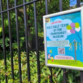 A photo of our poster for half half-term on our fence. It has all the details on the listing.