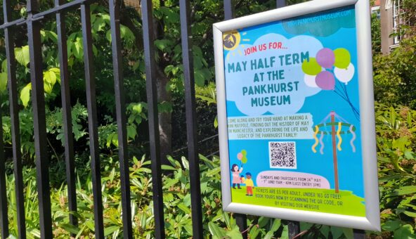 A photo of our poster for half half-term on our fence. It has all the details on the listing.