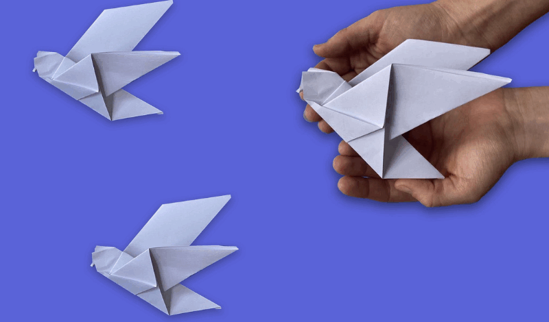 Hands holding a white paper origami dove.