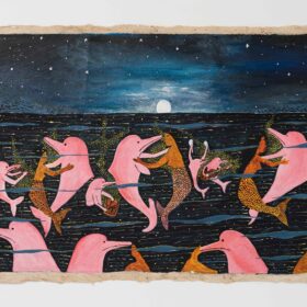 Colorful artwork showing dolphins and mermaids swimming together in a rich blue ocean.