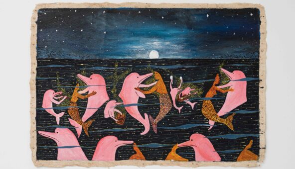 Colorful artwork showing dolphins and mermaids swimming together in a rich blue ocean.
