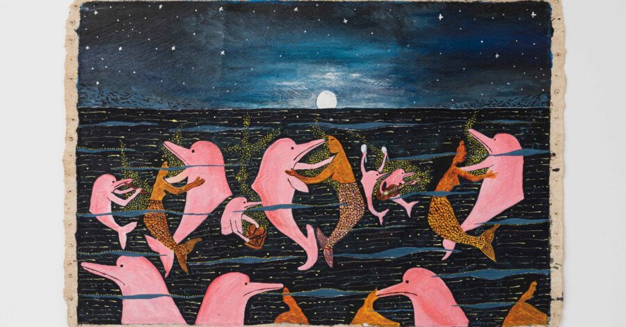 Colorful artwork showing dolphins and mermaids swimming together in a rich blue ocean.