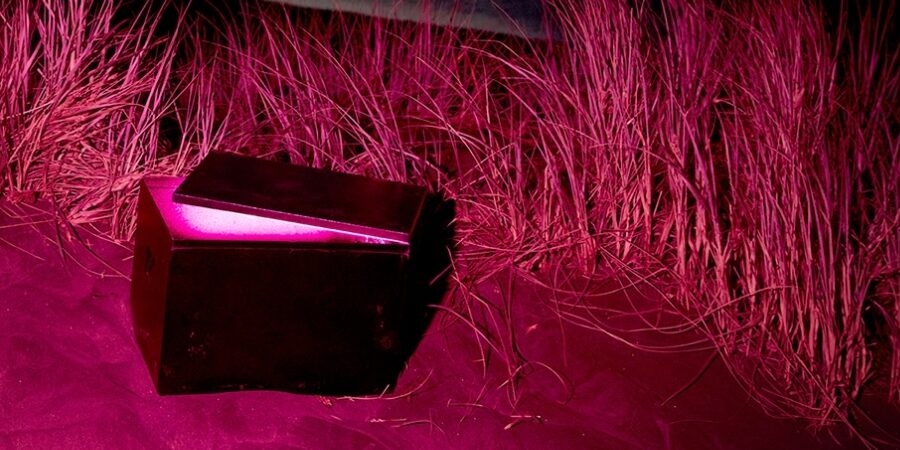 partially opened box that is lit inside on a deep purple background